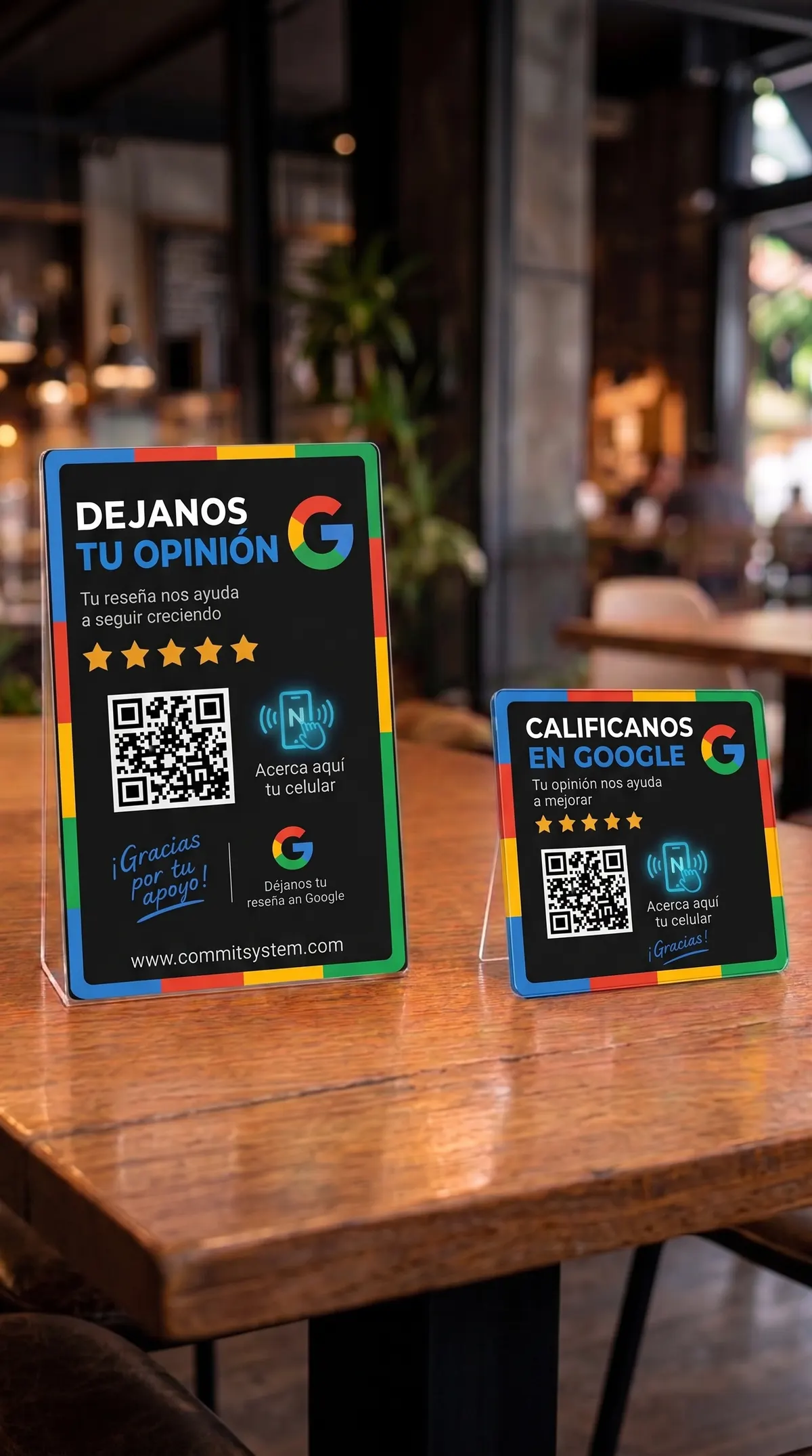 Dos exhibidores negros de reseñas de Google, uno vertical y uno cuadrado, con NFC y código QR, sobre la mesa de un bar