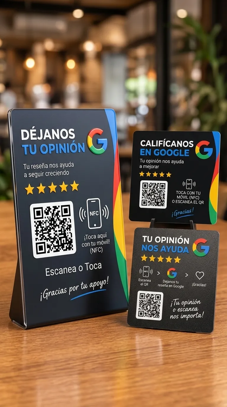 Tres modelos de exhibidores negros de reseñas de Google, con NFC y código QR, sobre una mesa